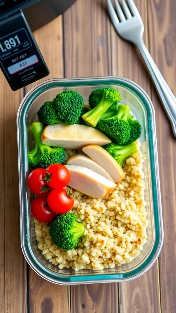 Air fryer meal prep container with chicken, broccoli, tomatoes, and quinoa on a rustic table.